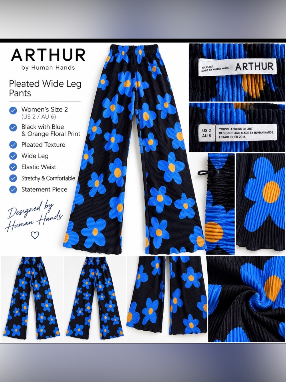 Arthur Apparel Crinkle Pants Black w/ Blue & Orange Flowers Size 2 $210 msrp